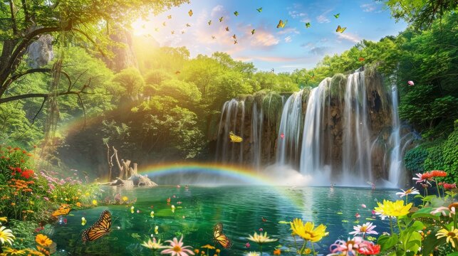A beautiful scene of a waterfall flowing into a crystal-clear lake, with vibrant green vegetation and colorful flowers surrounding the water, with sunlight filtering through the trees, 
