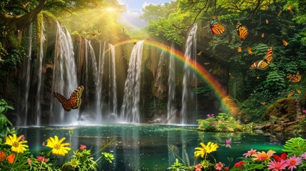 A beautiful scene of a waterfall flowing into a crystal-clear lake, with vibrant green vegetation and colorful flowers surrounding the water, with sunlight filtering through the trees,  