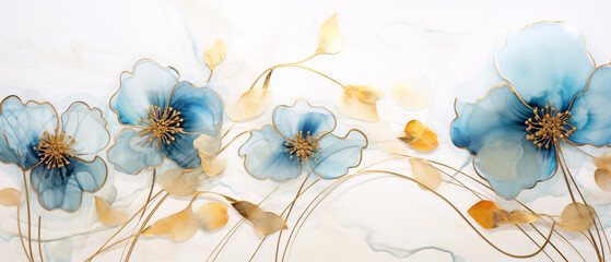 Handmade watercolor alcohol inks flowers with blue hues, artistic and vibrant floral illustration.