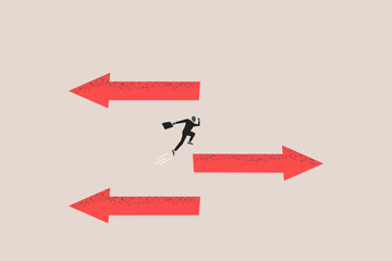 Businessman jump arrow sign to other direction. concept of Change career, different path or direction, find new way and opportunity