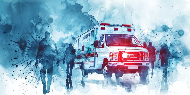 Paramedics and an ambulance in an emergency situation, showcasing healthcare professionals in action and urgency in an urban setting, Generative AI