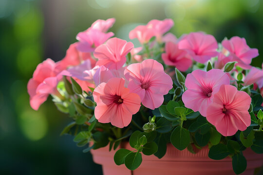 Beautiful pink flowers blooming in summer in pots