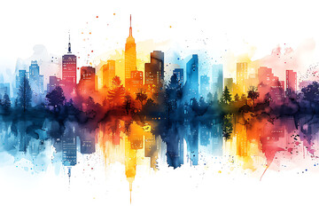 Obraz premium Autumn cityscape painting. Urban city, skyscraper buildings. Park landscape, yellow fall.