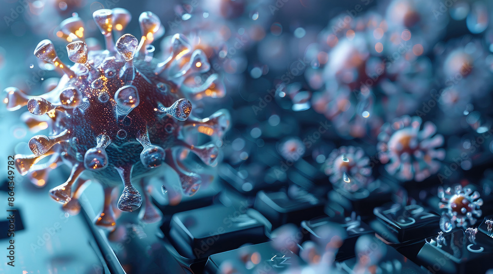 Aufkleber Virus infiltration into computer, disrupting digital systems and compromising data security. Generative AI.