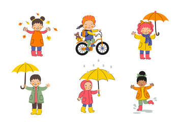 Happy fall kids illustration. Children’s fall activities set. Children playing with leaves, riding a bike, and holding umbrellas in the rain. Vector flat illustration. 