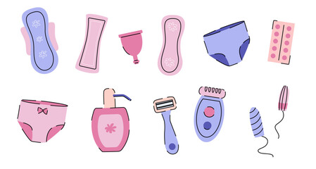 Vector illustration of feminine hygiene and care products. Sanitary pads, menstrual cups, underwear, razors, epilators, tampons, and skincare products set. Ideal for educational materials, healthcare 