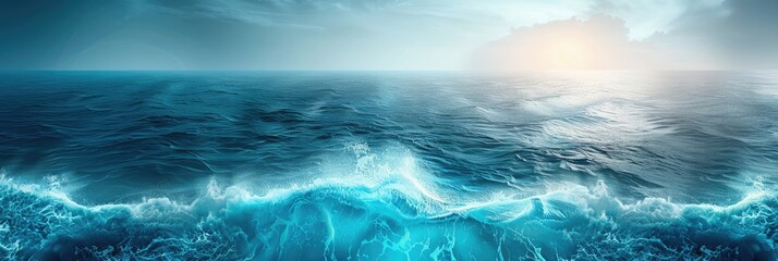 Fototapeta premium Vast ocean expanse under dramatic skies with sunlight breaking through, showcasing the beauty and power of nature's waves.