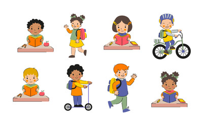 School kids set. Children reading books, walking with backpacks, riding bikes and scooters. Perfect for educational materials, school promotions, and children's products. 