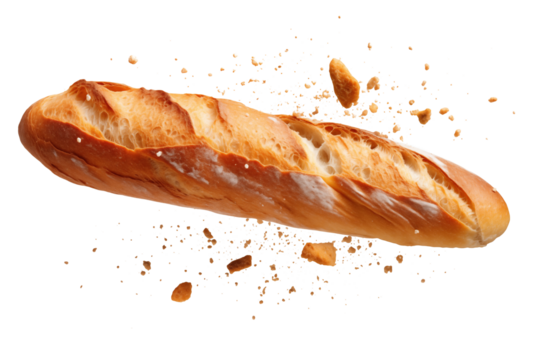 Baguette bread with falling crumbs transparent PNG