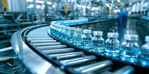 Fototapeta premium Conveyor Belt in Pharmaceutical Production Line Moves Glass Bottles and Ampoules. Concept Pharmaceutical Industry, Production Line Equipment, Glass Bottles, Ampoules, Conveyor Belt