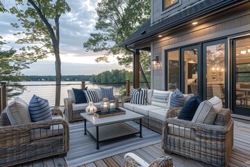Cozy modern farmhouse style patio with wood deck, gray and tan color scheme, beige furniture, navy blue accents, large windows overlooking the lake in springtime and evening Generative AI