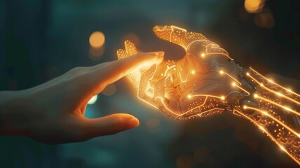 Close-up of a human hand and a robotic hand touching fingertips, with intricate circuit patterns glowing under the skin. This represents the literal and figurative connection between human and AI