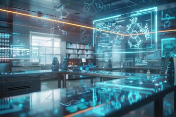 Fototapeta premium Futuristic laboratory interior with holographic interface, showcasing advanced technology in science and research.