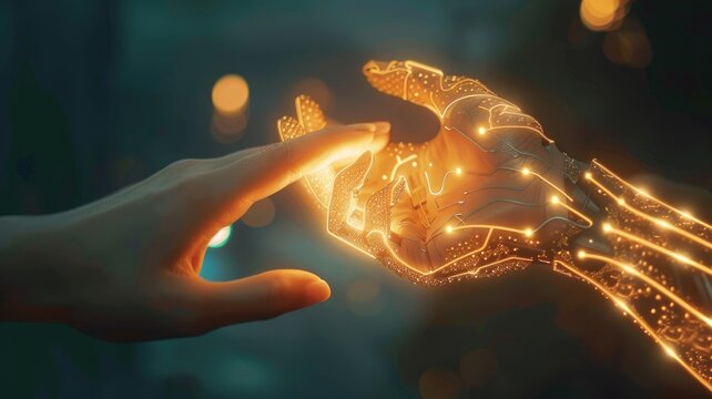 Close-up of a human hand and a robotic hand touching fingertips, with intricate circuit patterns glowing under the skin. This represents the literal and figurative connection between human and AI