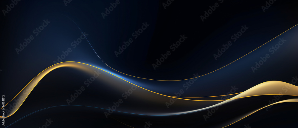 Poster luxury curved golden lines on a dark blue background, creating an elegant and sophisticated design.