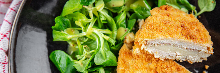 chicken meat cutlet cordon bleu snack ham, cheese fresh meal food on the table copy space food...