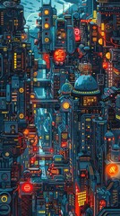 Futuristic cyberpunk cityscape with neon lights, intricate details, and towering skyscrapers. A vibrant urban scene filled with technology and life.