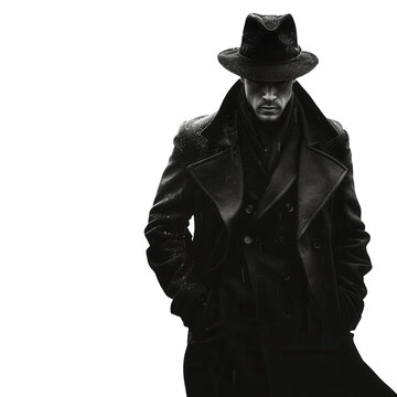 Mysterious man in dark trench coat and fedora hat, evoking noir detective vibes in monochrome style.