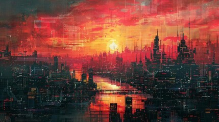 Fototapeta premium A vibrant cityscape at sunset with futuristic architecture and a glowing horizon, reflecting across a serene river.