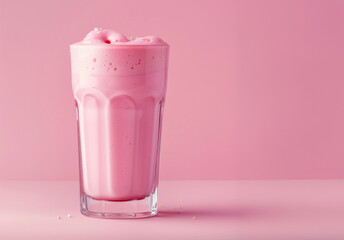Pink fruit smoothie glass. Side view studio shot. Clean pastel background.