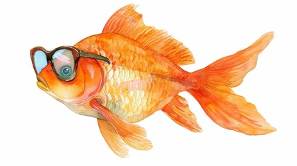 Fototapeta premium The fish with sunglasses is drawn in a watercolor style. Illustration for cover, card, postcard, interior design, decor or print.