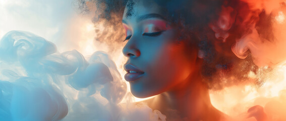 Beautiful Fantasy Abstract Portrait Of A Woman In Double Exposure With A Colorful Digital Paint Splash: A Mesmerizing Blend Of Art And Imagination
