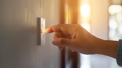 A closeup of a hand pressing a white light switch on a wall