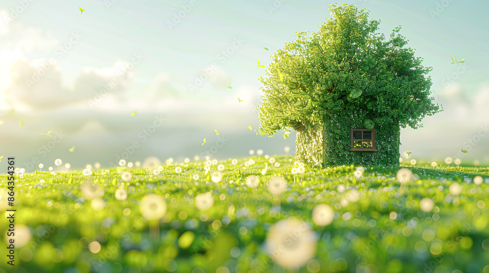 Poster Eco-Friendly Business Concept Green Paper House and Tree Symbolizing Ecology Care and Green Energy in Nature Environment.