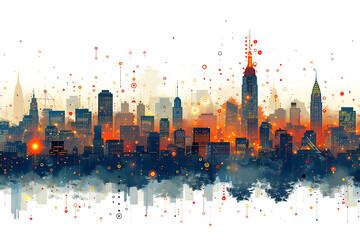 Autumn cityscape painting. Urban city, skyscraper buildings. Park landscape, yellow fall. Orange leaves. Cartoon cityscape illustration. Watercolor, oil paint.