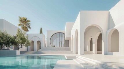 Obraz premium White modern architecture with pool in a bright daylight setting.