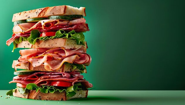 A deli sandwich stacked high with meats and veggies on a solid green background with copy space
