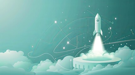 A futuristic and elegant scene featuring a sleek white rocket launching from a circular platform The rocket ascends with a trail of bright white light