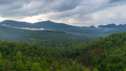 Aerial view of mountain and forest with clouds in monsoon season of Dang, Gujarat Indian