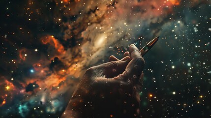 Obraz premium A hand grasping a pen amidst a swirling galaxy of stars, with a blurry background