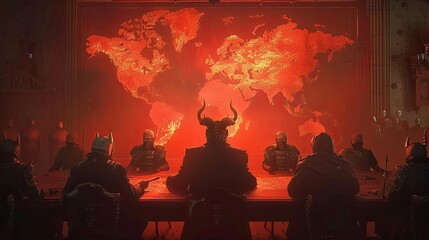 A group of men sit around a table with a large map of the world hanging on the wall behind them. A shadow government is plotting to conspire and seize power. The scene is tense and serious.