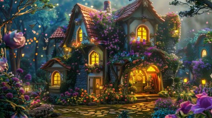 Obraz premium Illustration of A whimsical house with colorful windows, a flower-filled garden, and twinkling lights