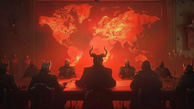 A group of men sit around a table with a large map of the world hanging on the wall behind them. A shadow government is plotting to conspire and seize power. The scene is tense and serious.