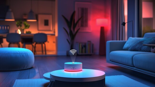 Cozy living room at night with activated smart home device