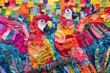 Fototapeta premium A vibrant mosaic of fabric scraps resembling the colorful plumage of tropical birds