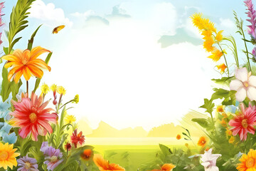 Obraz premium This vibrant summer frame bursts with colorful elements. Lush greenery, refreshing fruit slices, and maybe even a playful beach umbrella create a cheerful border perfect for your next summer project.