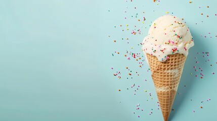 A scoop of ice cream in a cone with sprinkles on a solid light blue backdrop with copy space