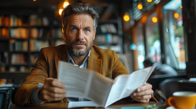A thoughtful man in a cozy coffee shop atmosphere reads a newspaper surrounded by books, warm lighting, and a rustic setting that enhances the intellectual ambiance.