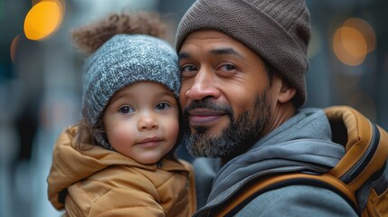 A child in winter gear is securely held by their father, both dressed warmly against the cold, with an urban setting in the background on a brisk day.