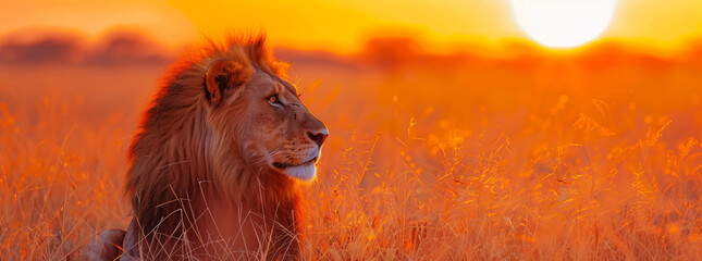 Lion portrait with African  landscape at sunset background 