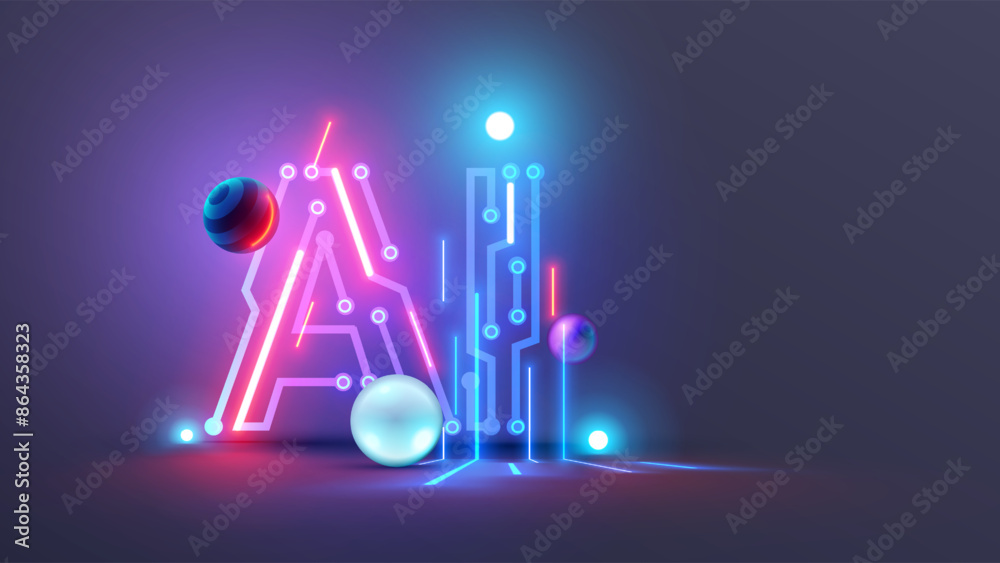 Poster AI logo or icon. Abstract technology conceptual background with AI neon letters. AI text consist at pcb, neon electronic signals in cyberspace. Artificial intelligence tech background or banner.