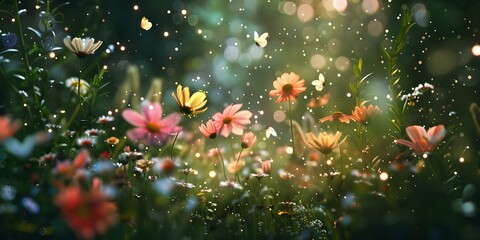 Enchanted Virtual Garden Magical Flowers, Fireflies, and Twinkling Lights Animated Background Scene. Concept Virtual Photoshoot, Enchanted Garden, Magical Flowers, Fireflies, Twinkling Lights