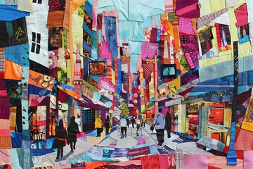 A vibrant mosaic of fabric scraps arranged to depict a bustling urban streetscape