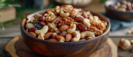 Obraz premium A wooden bowl filled with a variety of mixed nuts, Mixed nut trail mix, mixed nut trail mix, Brainboosting snack.