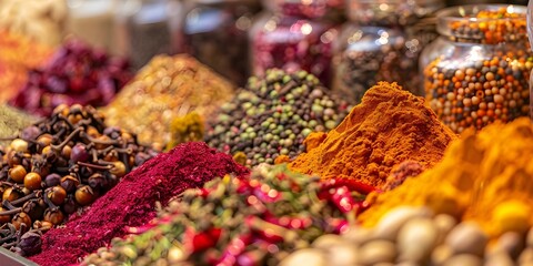 Vibrant Spices in an Eastern Market Ideal for Culinary Themes. Concept Market Ambiance, Culinary Inspiration, Food Photography, Colorful Spices