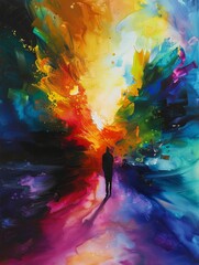 Fototapeta premium A vibrant abstract painting featuring a silhouette walking through a colorful landscape. The painting utilizes bold strokes and splashes of color to depict a journey into a bright and hopeful future